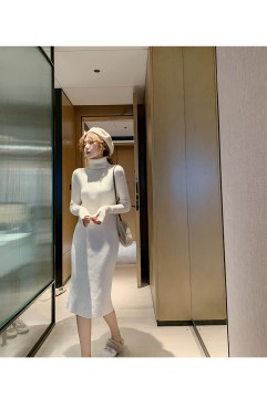titivate高领毛衣女中长款宽松2019秋冬新款打底针织连衣裙过膝