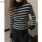 titivate 高领修身条纹毛衣女2021冬季新款复古慵懒套头上衣