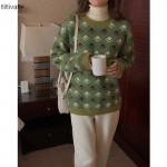 titivate绿色圆领印花毛衣小众设计感女装冬季新款宽松上衣