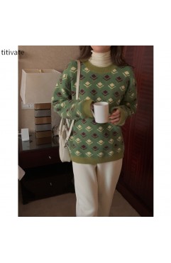 titivate绿色圆领印花毛衣小众设计感女装冬季新款宽松上衣