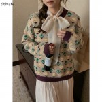 titivate绿色圆领印花毛衣小众设计感女装冬季新款宽松上衣