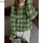 titivate绿色圆领印花毛衣小众设计感女装冬季新款宽松上衣