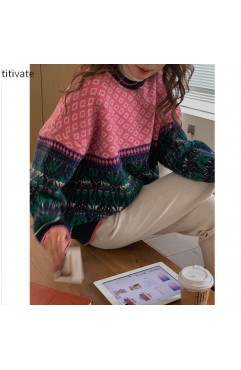 titivate复古重工羊毛针织衫女装套头冬季新款宽松菱格毛衣
