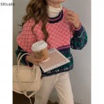 titivate复古重工羊毛针织衫女装套头冬季新款宽松菱格毛衣
