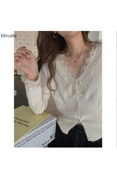 titivate设计感小众蕾丝针织开衫女秋冬新款V领修身气质上衣