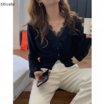 titivate设计感小众蕾丝针织开衫女秋冬新款V领修身气质上衣