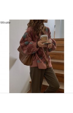 titivate复古菱格毛衣女秋冬季新款韩版宽松慵懒风针织开衫