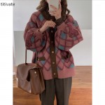 titivate复古菱格毛衣女秋冬季新款韩版宽松慵懒风针织开衫