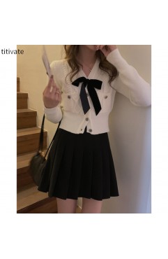 titivate复古毛衣女日系V领秋冬季新款慵懒风蝴蝶结针织开衫