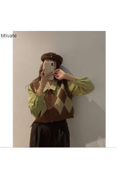 titivate假两件菱格毛针织衫女装秋冬新款气质显瘦通勤上衣