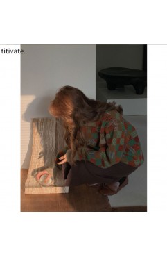 titivate秋冬季新款毛衣女格子复古圆领宽松外穿针织衫上衣