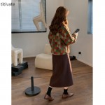 titivate秋冬季新款毛衣女格子复古圆领宽松外穿针织衫上衣