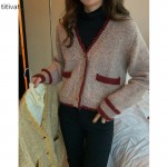 titivate复古V领长袖针织开衫秋冬季新款羊毛衣女装外套上衣