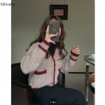 titivate复古V领长袖针织开衫秋冬季新款羊毛衣女装外套上衣