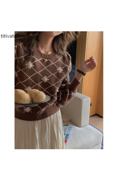 titivate慵懒风菱格毛衣女装秋冬新款宽松羊绒上衣