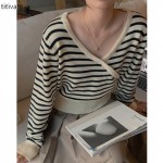 titivate黑白条纹羊毛针织衫女秋冬季新款复古显瘦长袖上衣