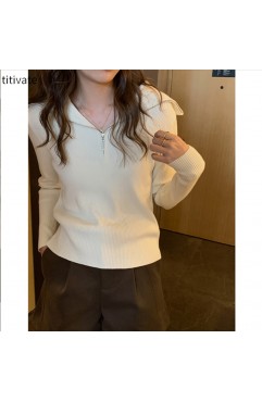 titivate翻领针织衫秋季新款女装2021气质复古修身长袖上衣