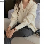 titivate羊绒毛衣外套女秋冬新款polo领慵懒风针织开衫上衣