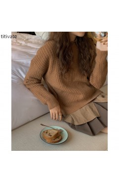 titivate慵懒风圆领长袖套头毛衣女秋季韩版宽松显瘦针织衫