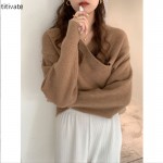 titivate交叉V领针织衫女2021秋季新款性感收腰内搭打底毛衣