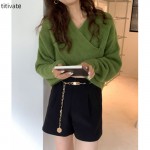 titivate交叉V领针织衫女2021秋季新款性感收腰内搭打底毛衣