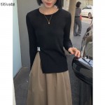 titivate开叉针织衫女设计感2021早秋新款修身圆领长袖上衣