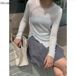titivate开叉针织衫女设计感2021早秋新款修身圆领长袖上衣