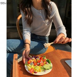 titivate秋季长袖针织衫女圆领2021新款宽松慵懒上衣打底衫