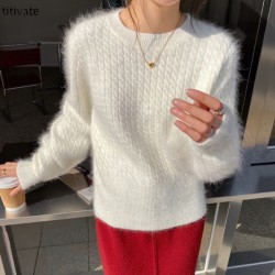 titivate兔毛麻花毛衣女秋冬新款宽松圆领毛绒针织上衣