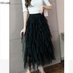 titivate网纱半身裙女2021秋装新款波浪纱裙中长款高腰a字百褶裙