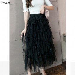 titivate网纱半身裙女2021秋装新款波浪纱裙中长款高腰a字百褶裙