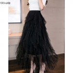 titivate网纱半身裙女2021秋装新款波浪纱裙中长款高腰a字百褶裙